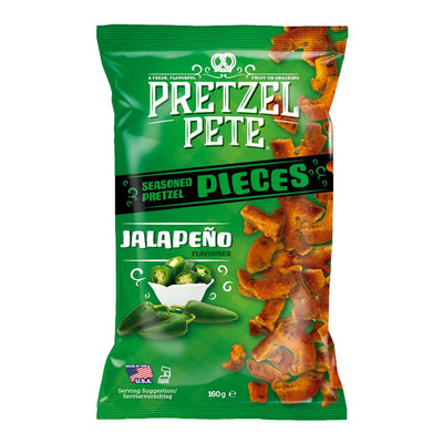 Confezione da 160g di pretzel al formaggio e cheddar Pretzel Pete Jalapeno 