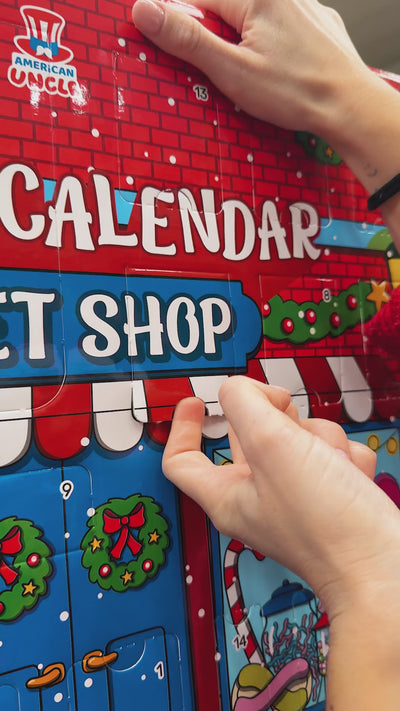 Calendario dell'Avvento Sweet Shop apertura casella con prodotti esempio