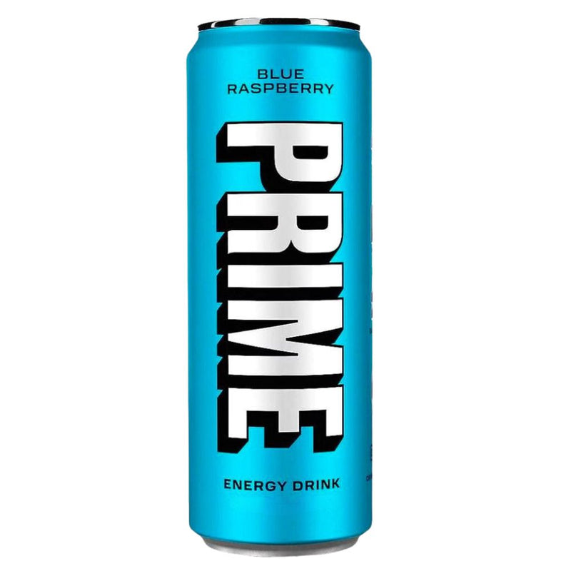 Confezione da 355ml di energy drink di Logan Paul al gusto lampone Prime Blue Raspberry.