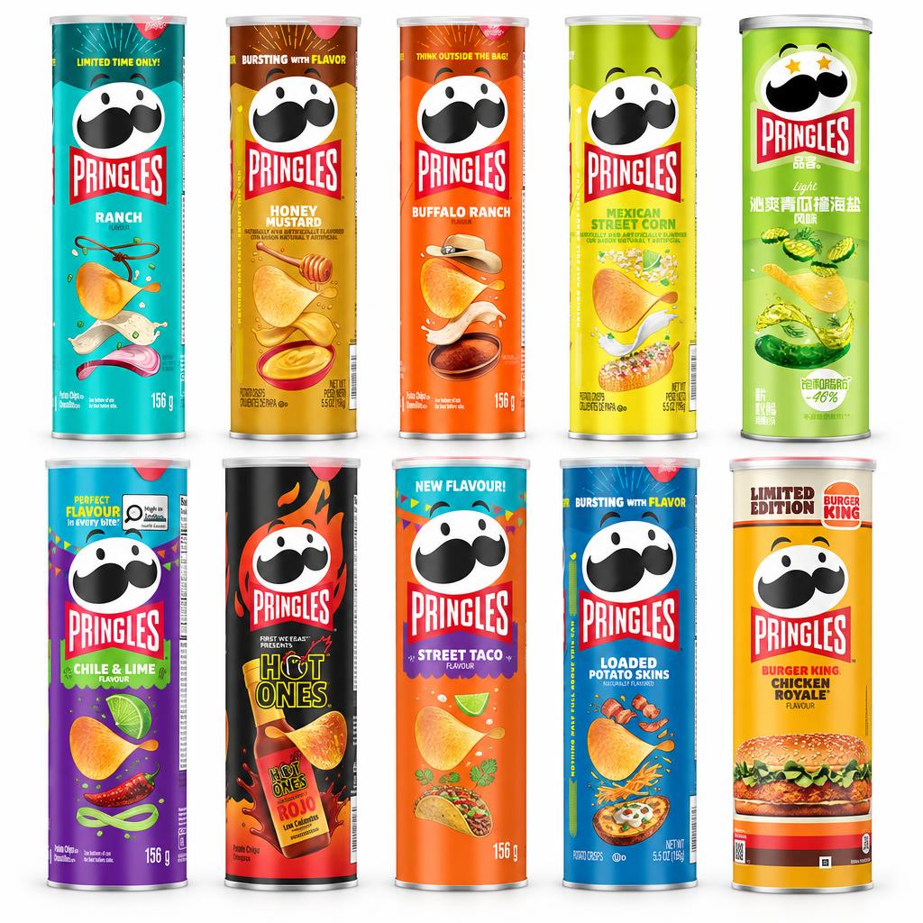 Pringles Kit, 10 patatine in vari gusti: ranch, honey mustard, buffalo ranch, ecc.