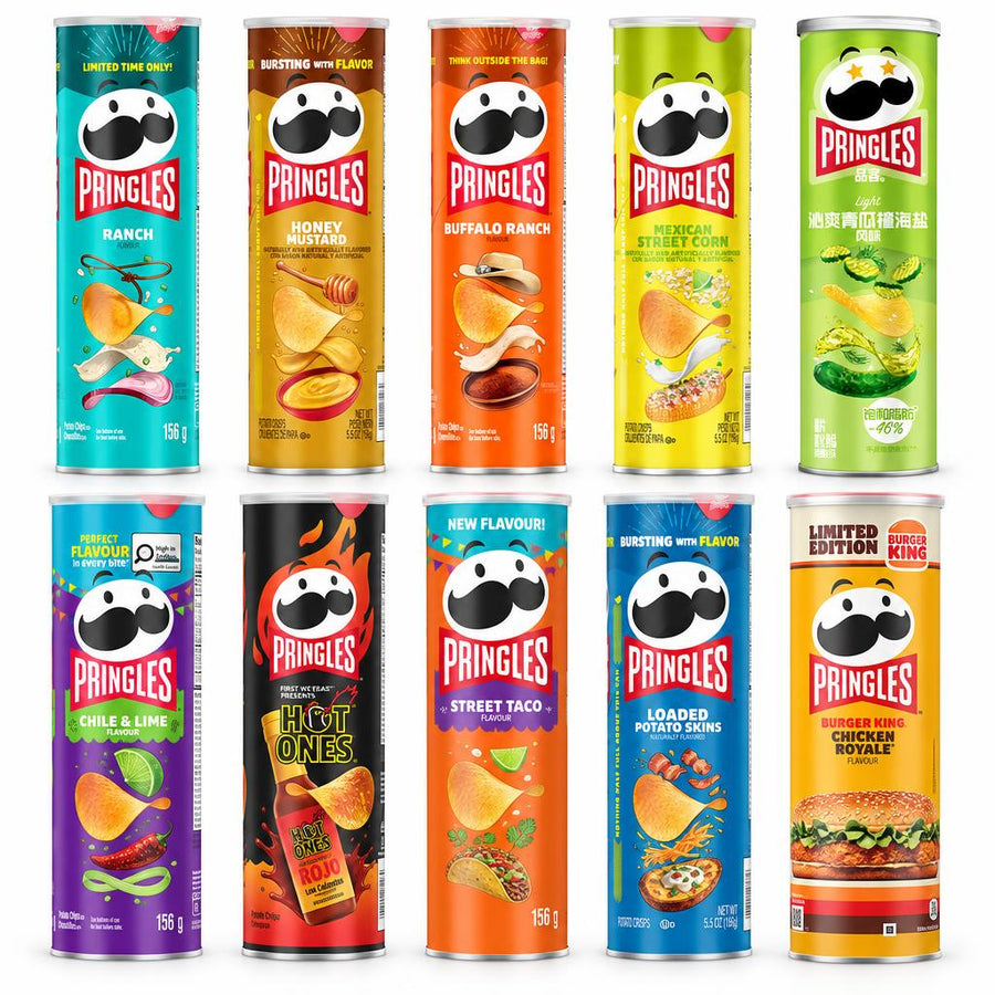 Pringles Kit, 10 patatine in vari gusti: ranch, honey mustard, buffalo ranch, ecc.