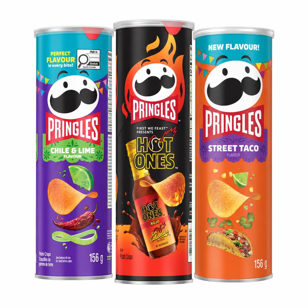 Pringles Kit, 3 patatine al gusto chile e lime, Hot Ones Los Calientes Rojo e Street Taco