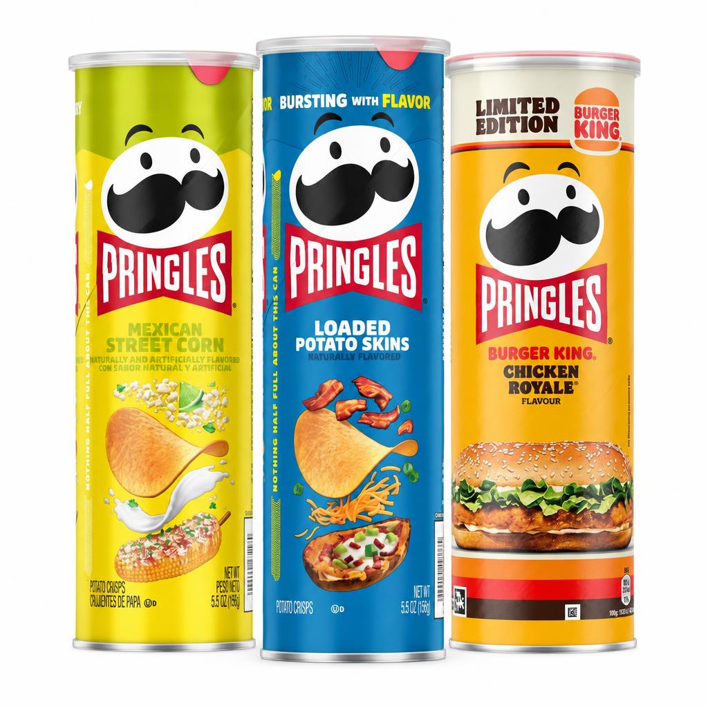 Pringles Kit, 3 patatine al gusto pannocchia grigliata con formaggio e lime, bacon e panna acida e Chicken Royale