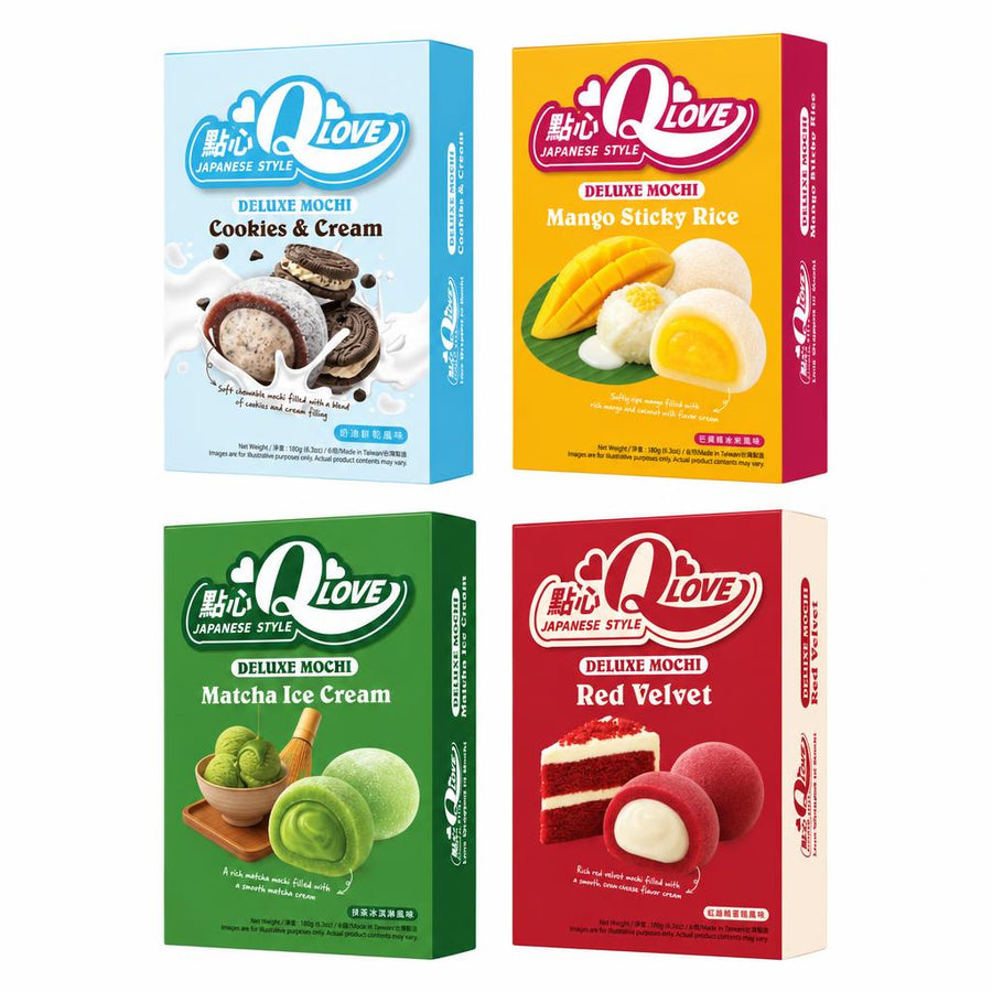 Qlove Kit, 4 mochi al gusto cookies e cream, mango e cocco, matcha e red velvet
