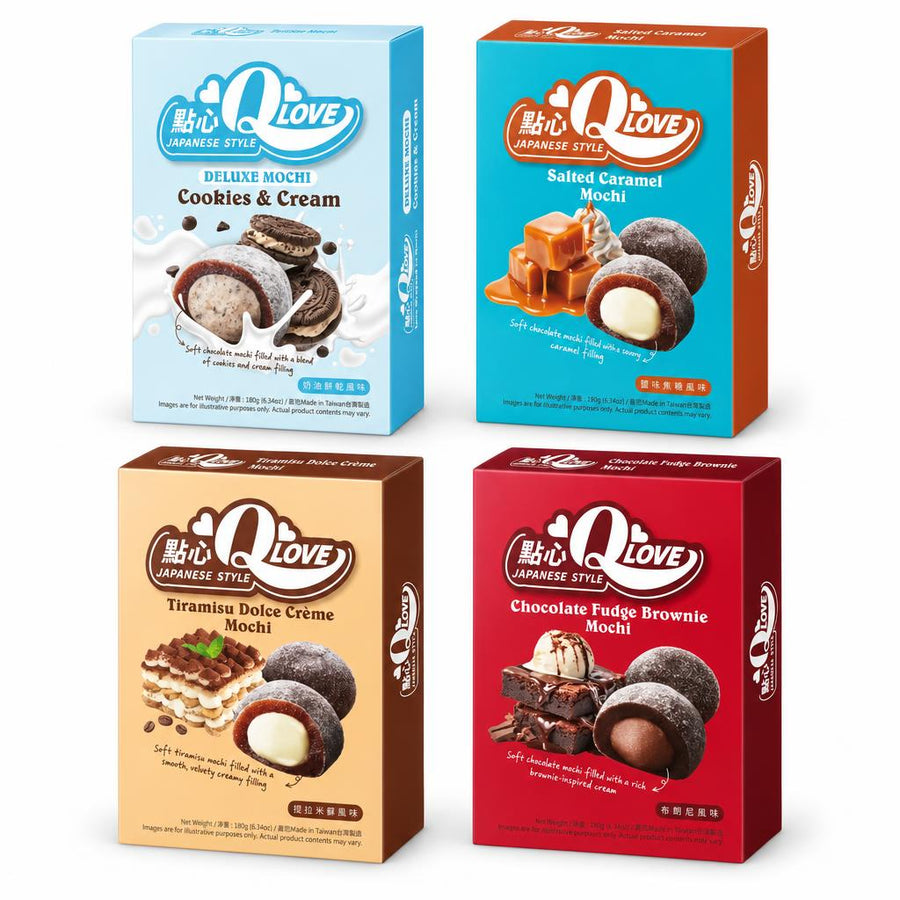 QLove Kit, 4 mochi al gusto cookies e cream, caramello salato, tiramisù e brownie