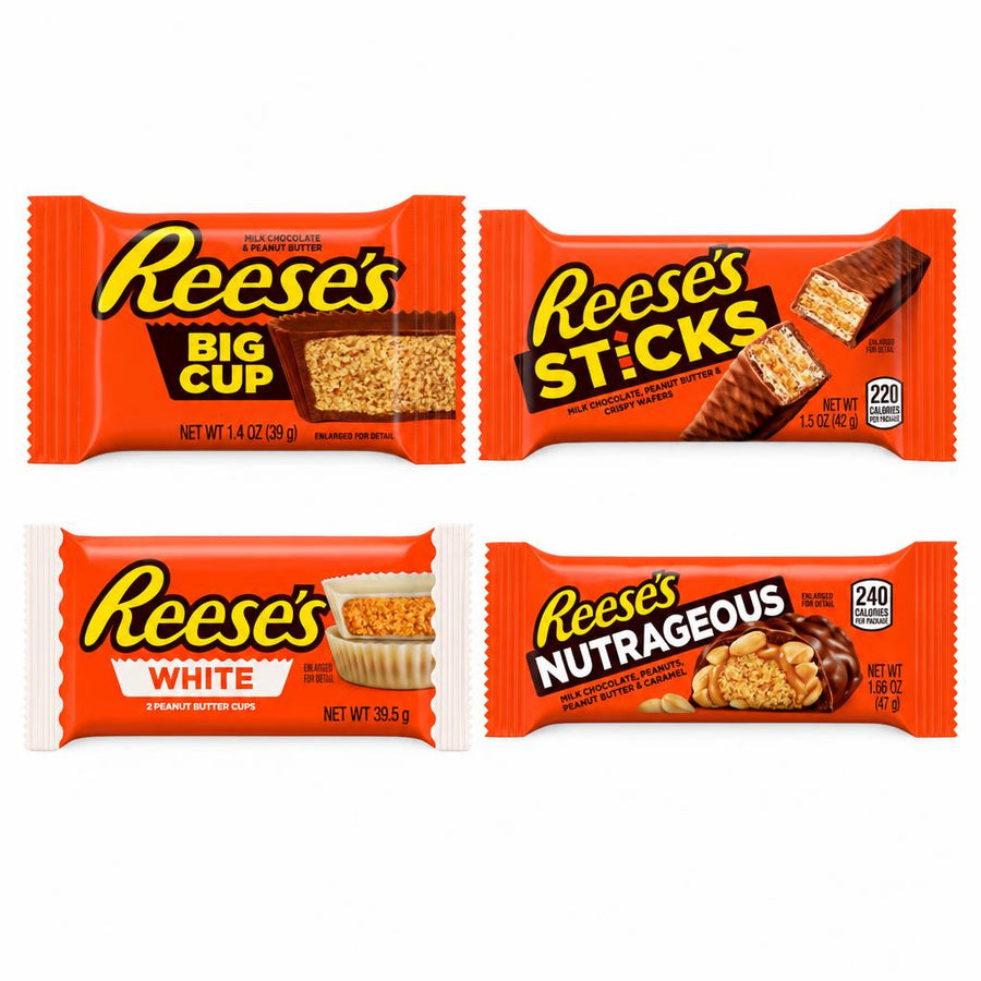 Reese's Kit, 4 snack al cioccolato: Big Cup, Sticks wafer, White Peanut Butter Cups e Nutrageous