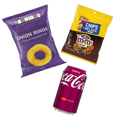 Kit da 3 prodotti: Patriots Onion Rings, Coca Cola Cherry, M&M's mini bite size