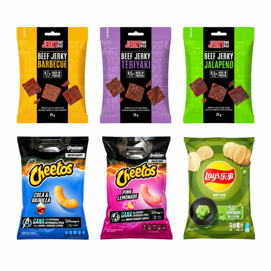 Snack salati Bundle, 6 snack al gusto barbecue, teriyaki, jalapeño, cola e vaniglia, limonata rosa e wasabi