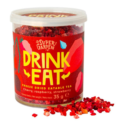 Confezione da 35g di preparato per bevande alla ciliegia, al lampone e alla fragola Super Garden Drink Eat Freeze Dried Eatable Cherry, Raspberry, Strawberry 