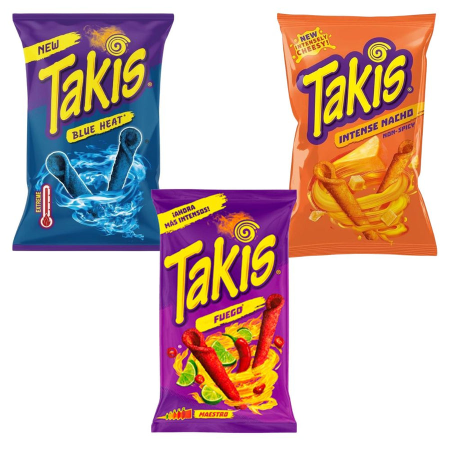 3 confezioni di takis da 100g: Fuego, Blue Heat e Intense Nacho