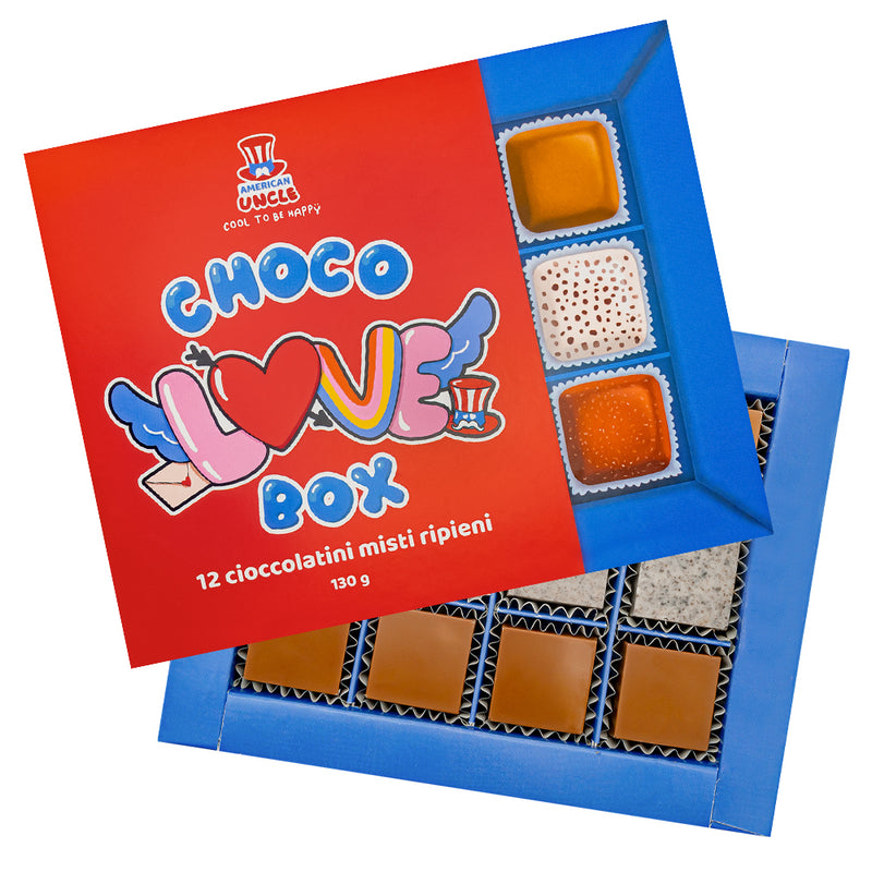 Choco Love Box, scatola da 12 cioccolatini misti ripieni di burro di arachidi, toffee e cookies & cream da 130g