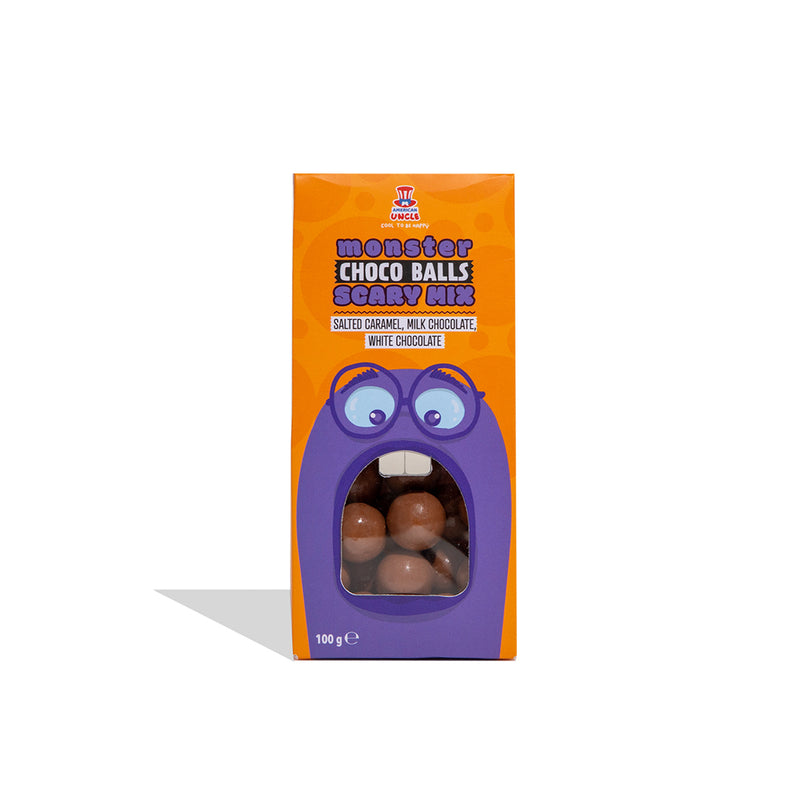 Monster Choco Balls Scary mix, cioccolatini al latte ripieni di cioccolato bianco, salted caramel e cioccolato al latte da 100g