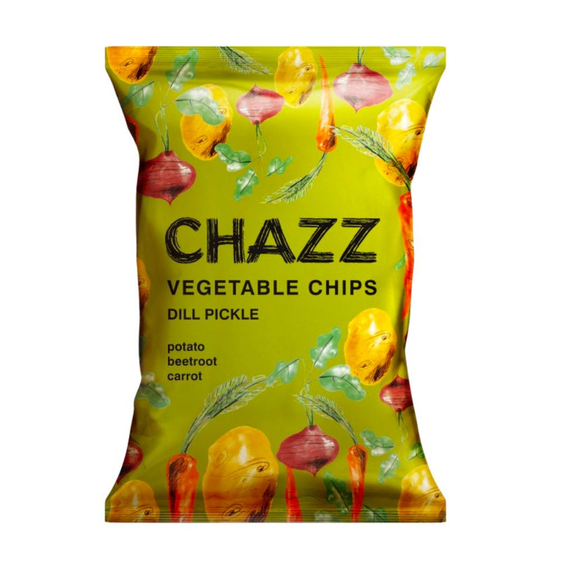 Confezione da 75g di chips di verdure Chazz Vegetable Chips Dill Pickle