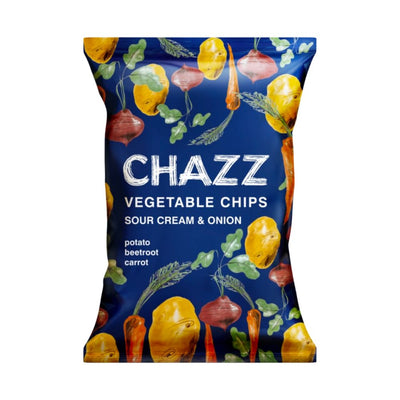 Confezione da 75g di  chips di verdure a gusto panna e cipolla Chazz Vegetable Chips Sour Creme & Onion