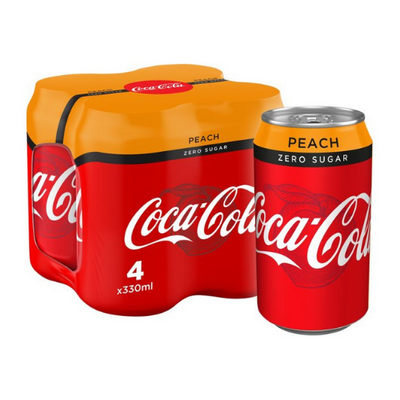 Coca-Cola Zero Peach, confezione di quattro lattine di Coca-Cola aromatizzata alla pesca da 355ml (3888316383329)