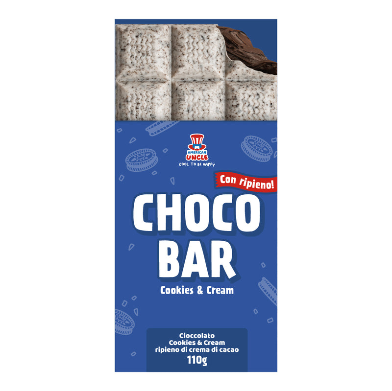 Choco Bar Cookies & Cream, cioccolato Cookies & Cream ripieno di crema al cacao da 110g