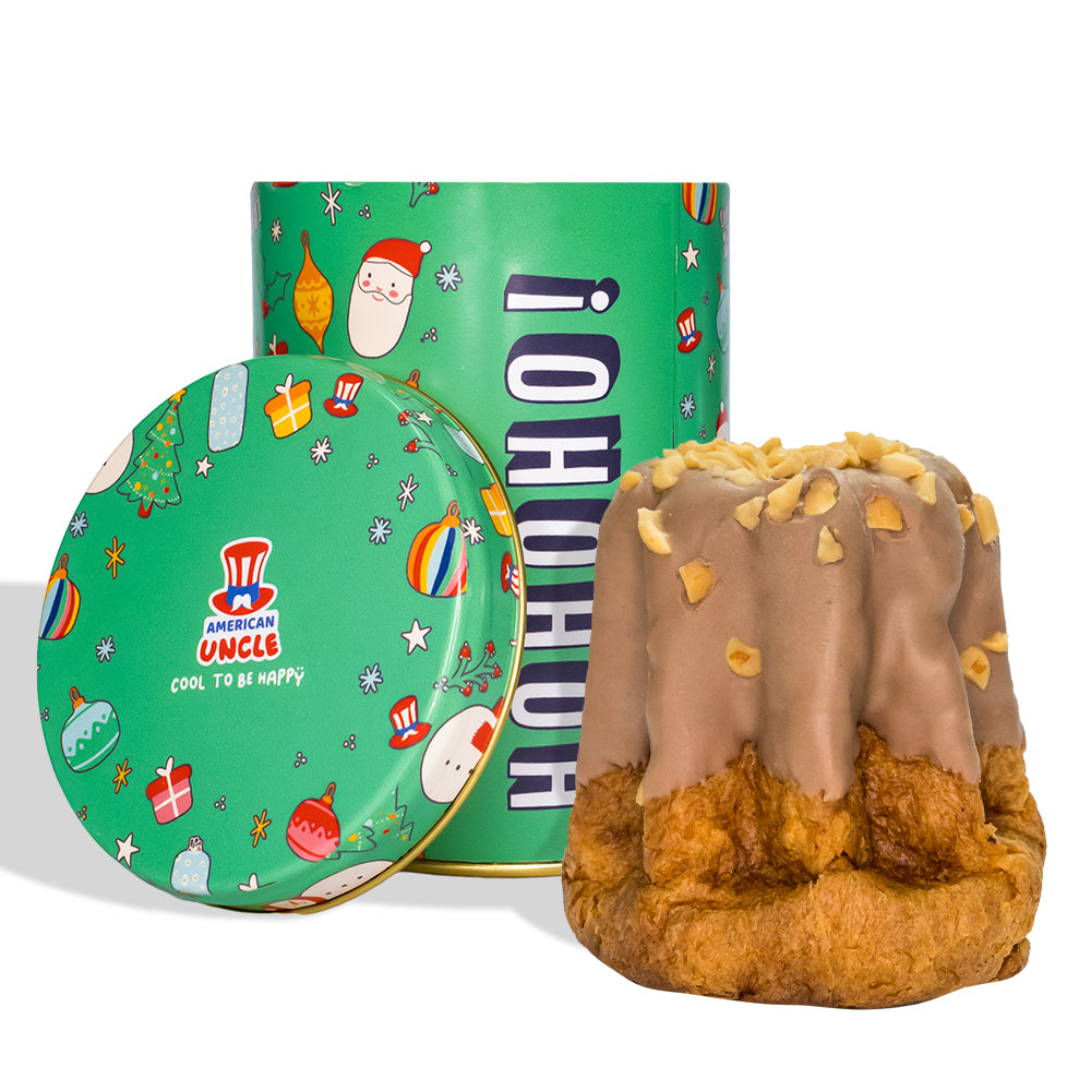 Pandoro artigianale Salted Caramel & Choco Peanuts da 200g, copertura di cioccolato e arachidi, ripieno di caramello salato