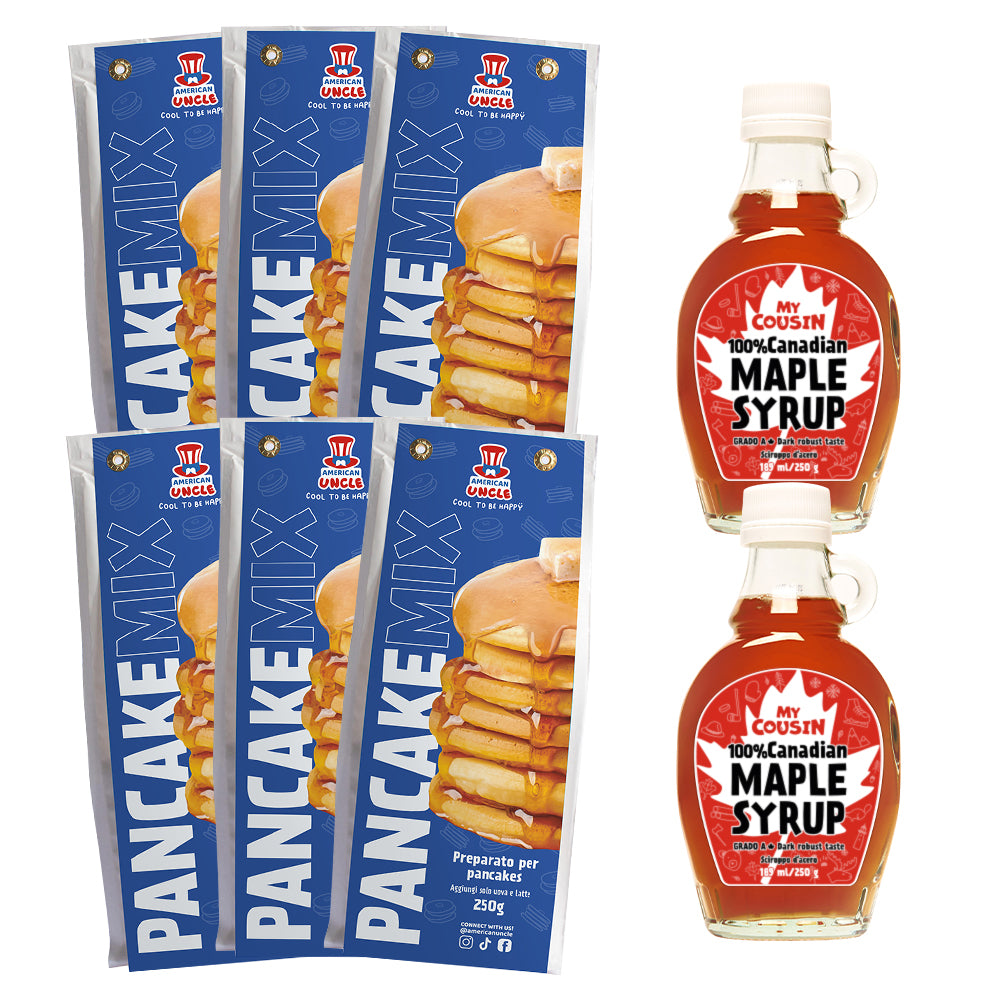 6x American Uncle Preparato per Pancakes + 2x sciroppo d'acero My Cousin