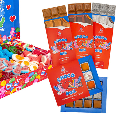 Confezione di candy box e tavollette Choco Love Bar e cioccolatini Choco Love bxox