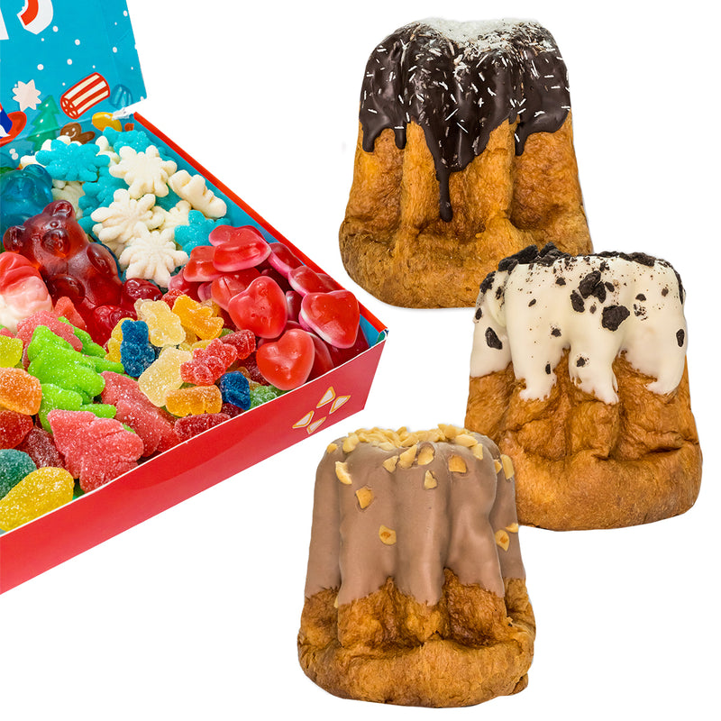 Candy box Holidays Edition + 3 pandori artigianali da 200g Dark Choco & Coconut, Salted Caramel & Choco Peanuts e Cookies & Cream