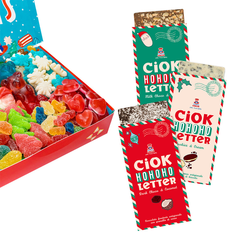 Candy box Holidays Edition + 3 ChocoLetter, scatola di caramelle gommose da 1kg e tre tavolette di cioccolato artigianale