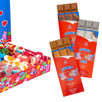 Confezione di Candy box e 3 tavolette di cioccolato Choco Love Bar