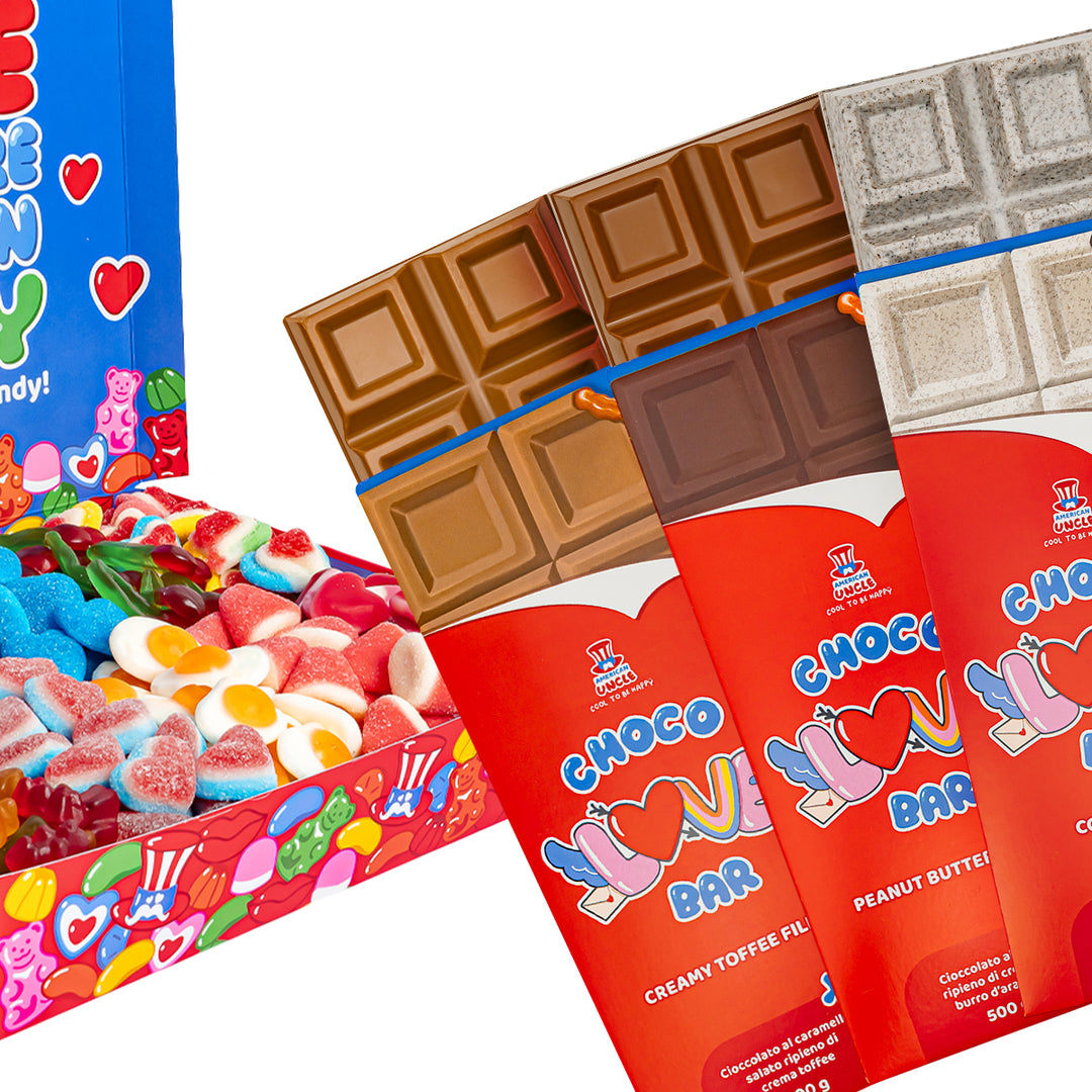 Confezione di Candu Love box e 3 tavolette XL Choco love Bar da 500g