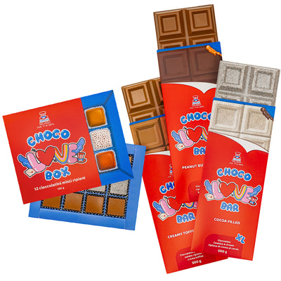 Confezione di cioccolatini Choco Love Box e 3 tavolette di cioccolato XL Choco Love Bar