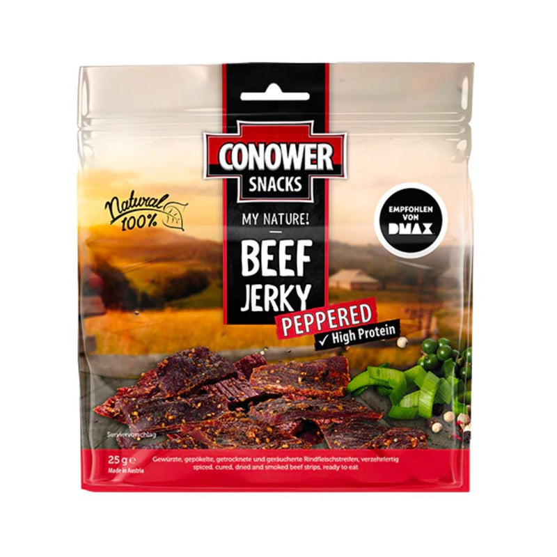 Confezione da 25g di carne secca Conower Beef Jerky peppered 