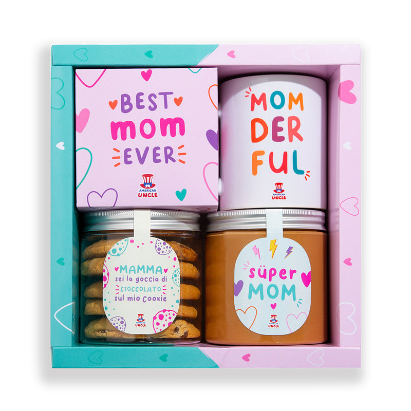 Mom Gift Box, scatola regalo per la mamma con cookies multigusto, crema al caramello salato e tazza Momderful