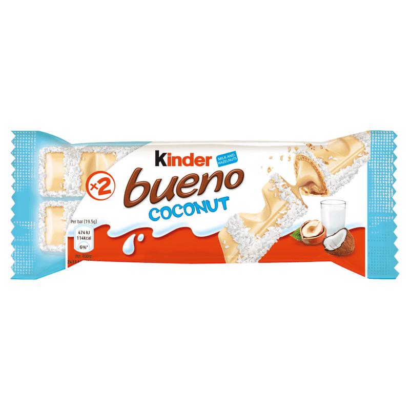 Kinder Bueno Coconut, wafer ricoperti di cocco e cioccolato bianco con ripieno di crema alla nocciola da 39g