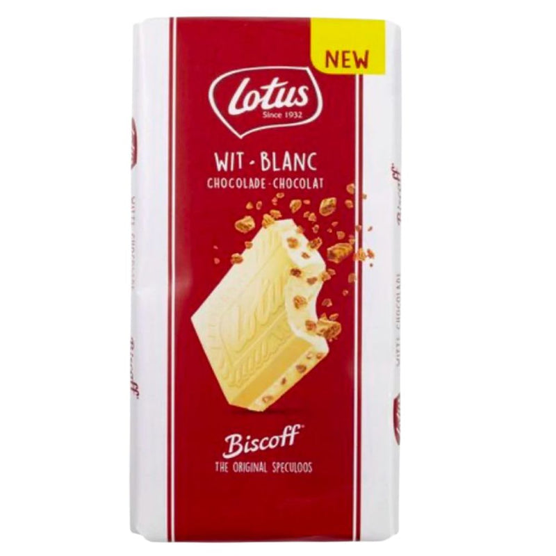 Confezione da 180g di barretta al cioccolato bianco con Biscotti Lotus Biscoff Wit Blanc Chocolat